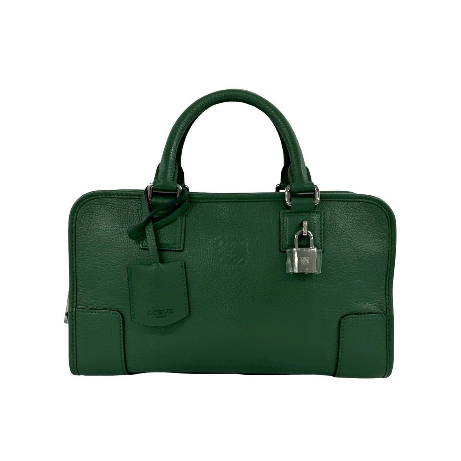 Boston Leather Handbag Bag Loewe: Boston Leather Handbag Bag Loewe Boston Leather Handbag by Loewe, featuring a classic design with a rich green leather finish. This stylish bag measures 16.5cm x 29cm x 14cm and boasts a timeless silh