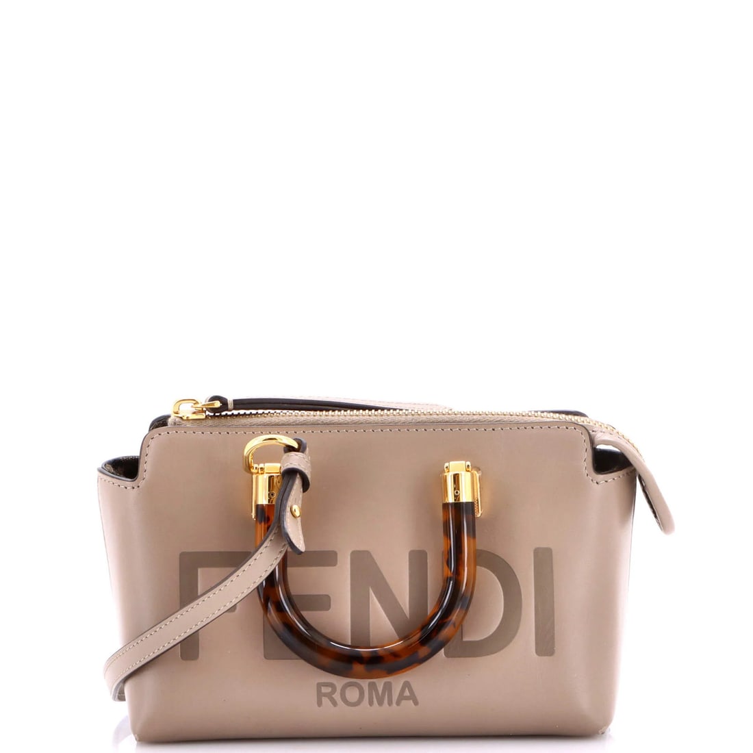 Top handle bag embossed leather mini by Fendi logo: Top handle bag embossed leather mini by Fendi logo Gray Fendi logo embossed leather mini cross body bag with plexiglass exterior, standing out for its sleek design and subtle color palette. The bag's