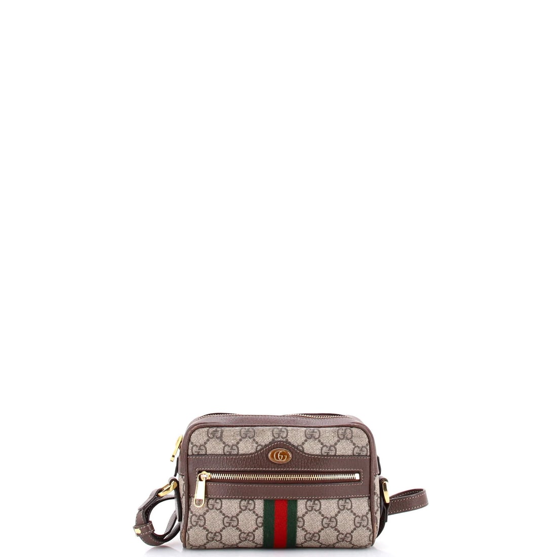 Gucci Ophidia Canvas Coated Mini GG Bag: Gucci Ophidia Canvas Coated Mini GG Bag The Gucci Ophidia Canvas Coated Mini GG Bag boasts a stylish brown canvas exterior, complemented by neutral microfiber interior and gold hardware. Measuring jus