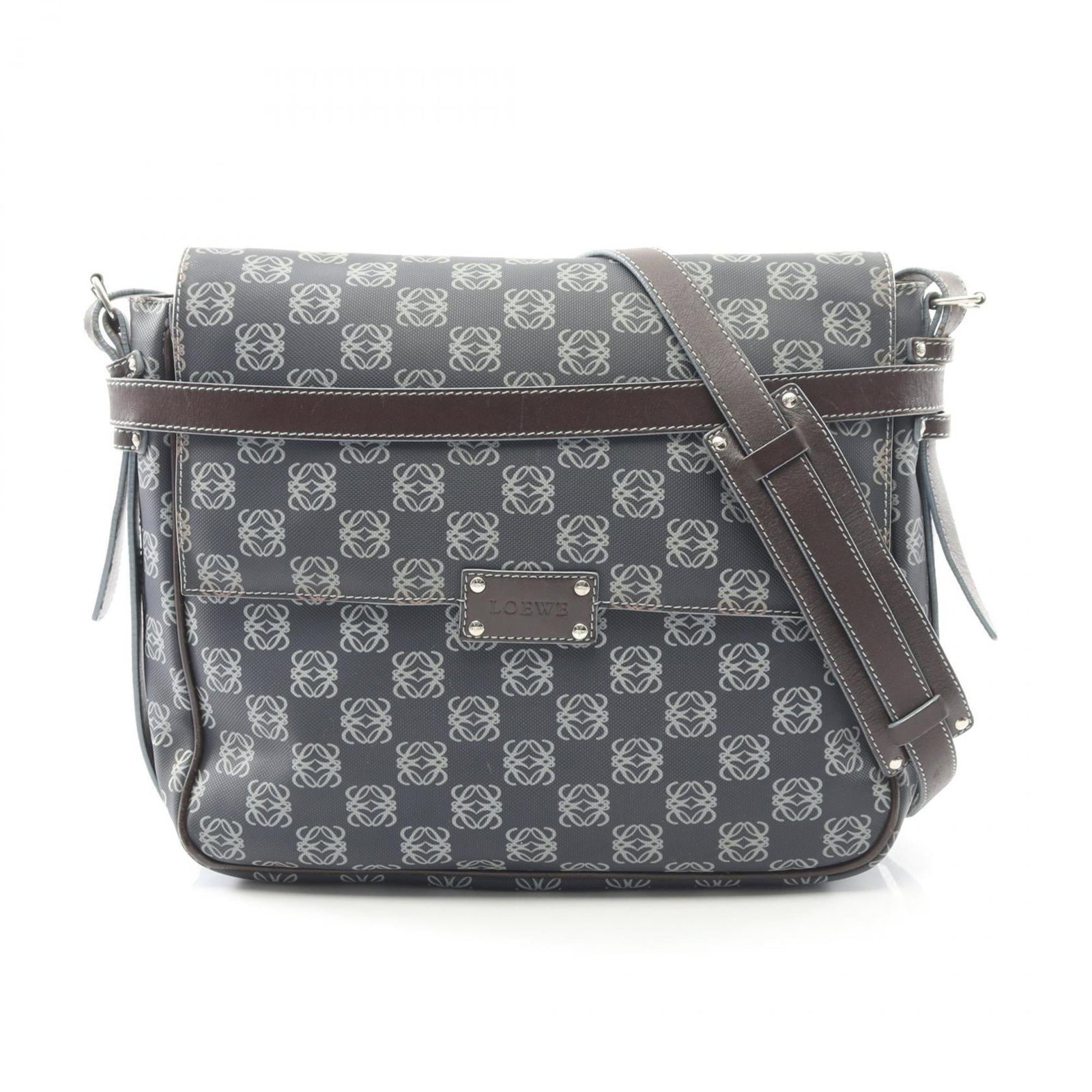 Loewe Shoulder Bag Coated Canvas Pvc Leather: Loewe Shoulder Bag Coated Canvas Pvc Leather Coated canvas, PVC, and leather come together in this unique shoulder bag from Loewe. The blue or brown color adds a touch of sophistication to its