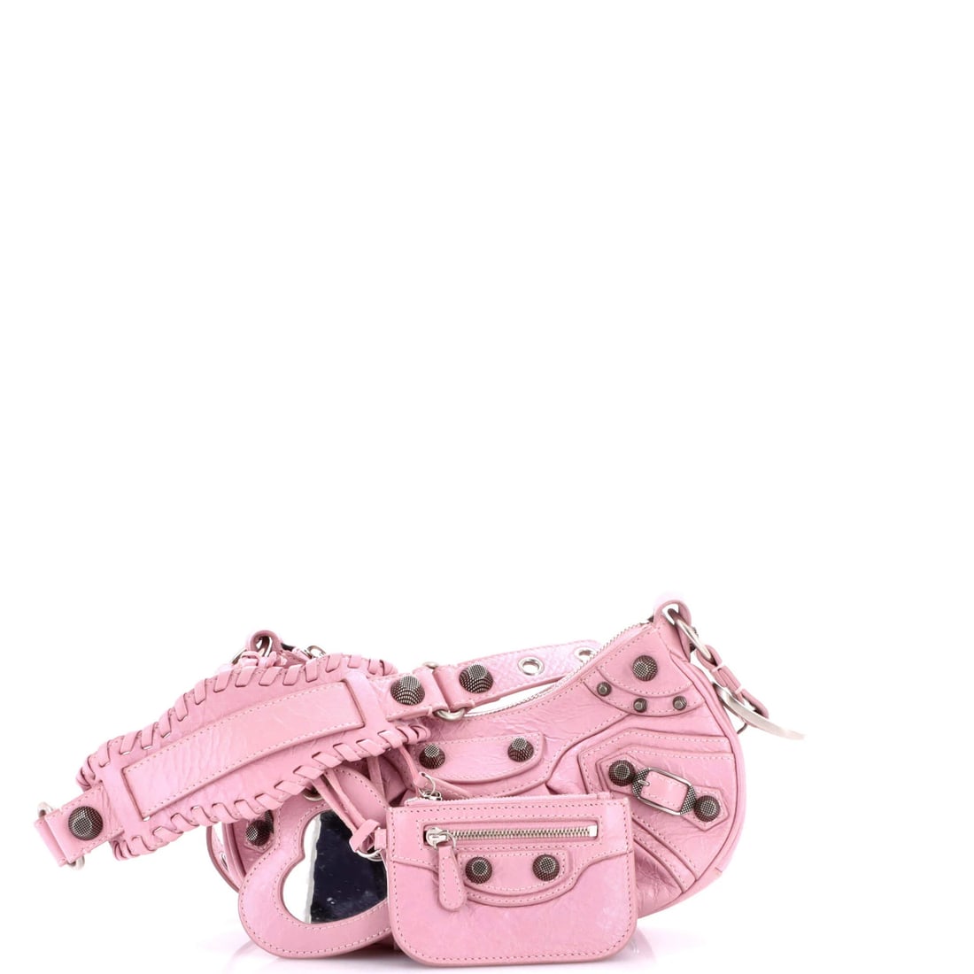 Le Cagole Giant Studs Leather XS Balenciaga Bag: Le Cagole Giant Studs Leather XS Balenciaga Bag Pink leather exterior, measuring 5.5" height, 9.5" width, and 3" depth, with minor scuffs, creases, and cracking. The Balenciaga Le Cagole Giant Studs