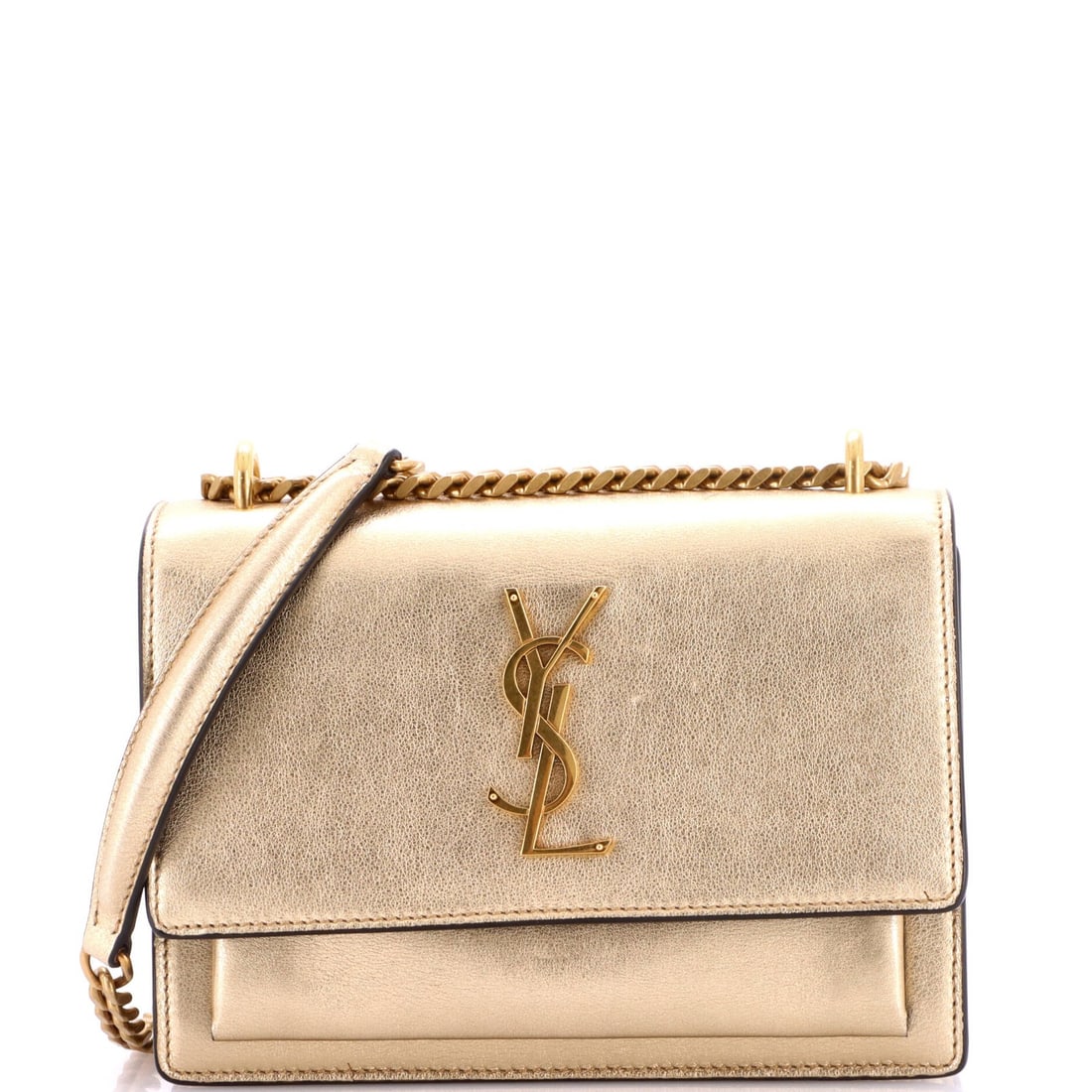 Laurent Saint Small Leather Crossbody Bag Sunset: Laurent Saint Small Leather Crossbody Bag Sunset The Laurent Saint Small Leather Crossbody Bag Sunset boasts a stunning gold exterior with minor scuffs, creases, and edge wear. Its suede interior