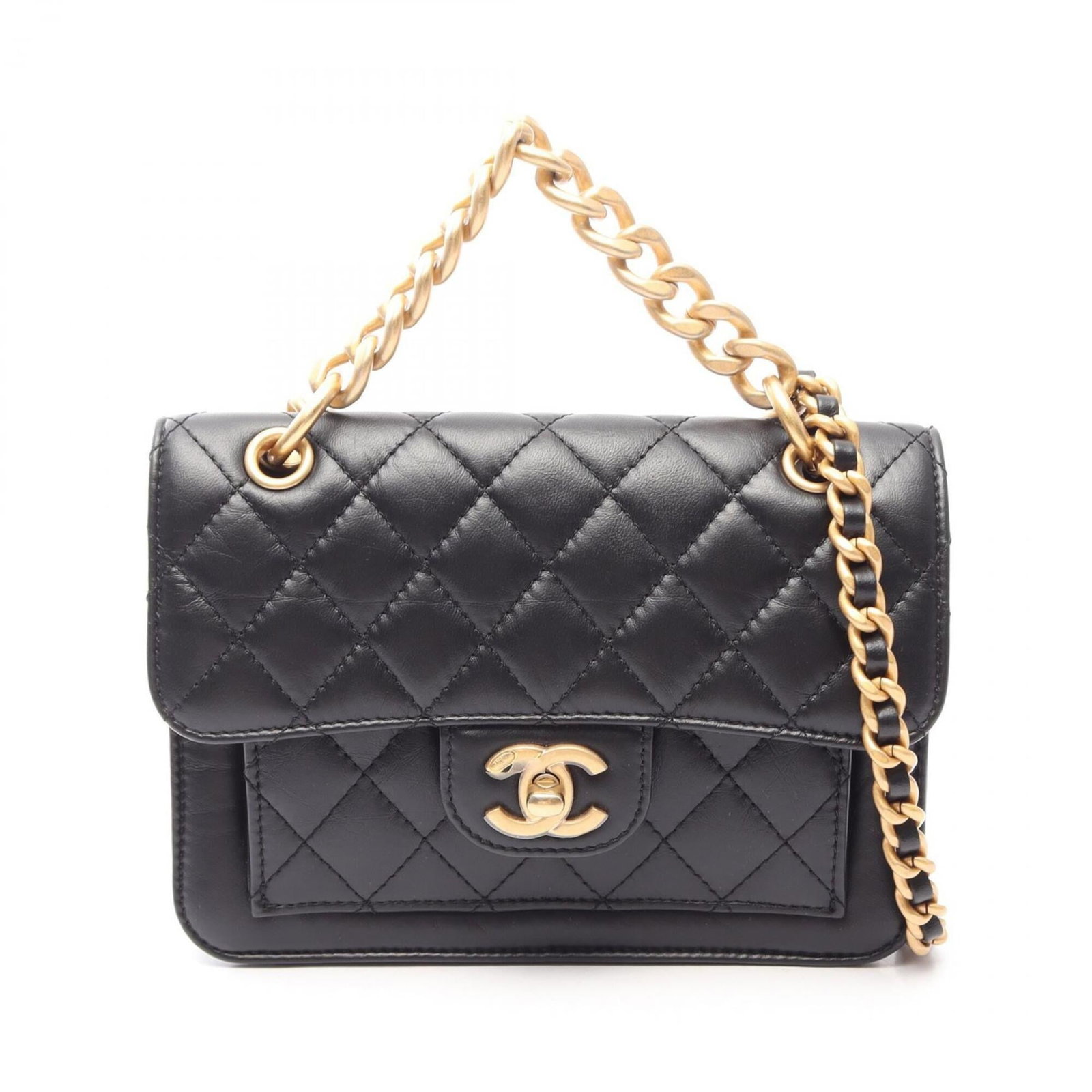 Chanel Handbag Shoulder Bag Leather: Chanel Handbag Shoulder Bag Leather Black lambskin leather Chanel shoulder bag with gold hardware, measuring 14cm x 19cm x 5cm. This classic design showcases the timeless elegance of Chanel's