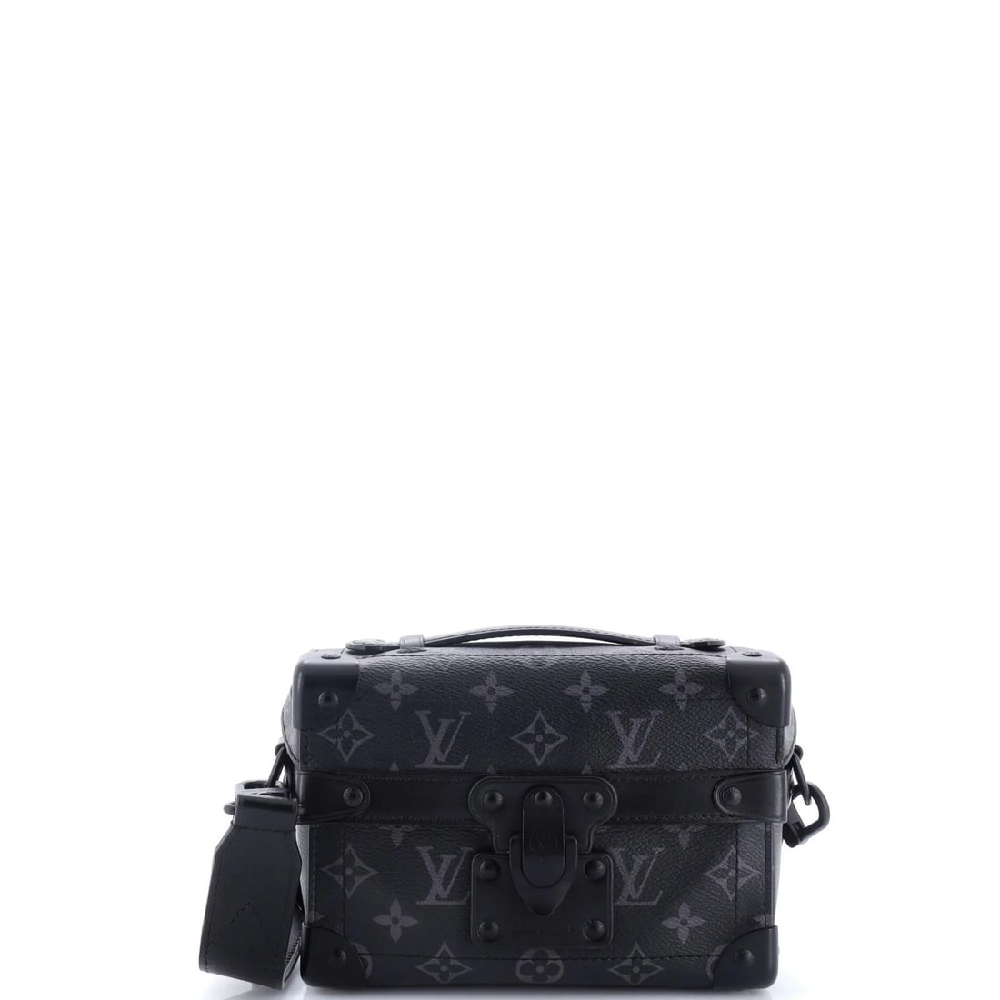 Louis Vuitton Canvas Trunk Bag Monogram Eclipse Soul: Louis Vuitton Canvas Trunk Bag Monogram Eclipse Soul The Louis Vuitton Canvas Trunk Bag Monogram Eclipse Soul boasts a sleek black canvas exterior with subtle minor scuffs and creases, showcasing the 