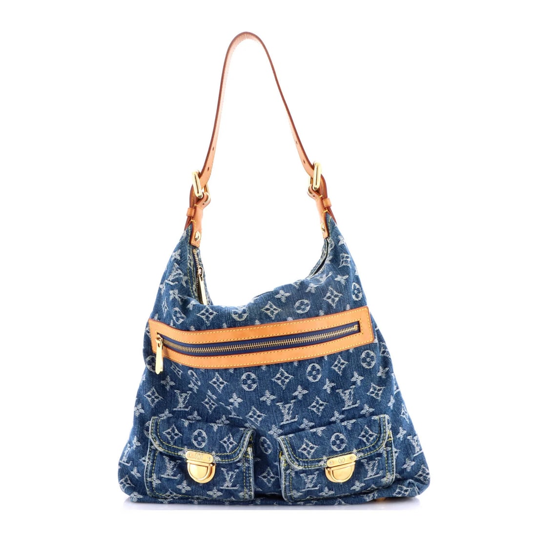 Louis Vuitton Baggy Handbag Denim GM: Louis Vuitton Baggy Handbag Denim GM Denim Louis Vuitton Baggy Handbag GM in blue features a unique, baggy design with gold hardware and an orange microfiber interior. The exterior shows signs of