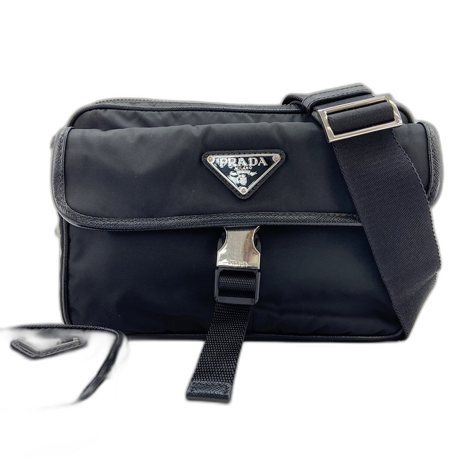 Shoulder Bag Nylon Prada: Shoulder Bag Nylon Prada Black Nylon Prada Shoulder Bag with Classic Design. This sleek and modern shoulder bag features a durable nylon material, measuring 15cm x 23cm x 5cm, and a long strap length 