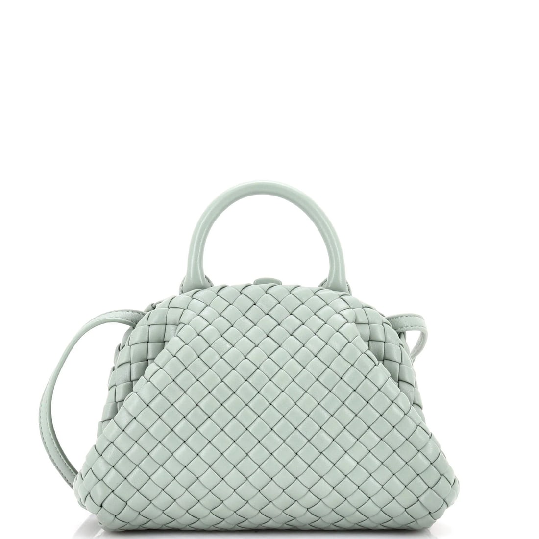 Veneta Nappa Mini Intrecciato Tote Handle Padded: Veneta Nappa Mini Intrecciato Tote Handle Padded Green leather mini tote with padded handle and Intrecciato Nappa exterior, featuring minor corner wear and scuffs. The interior also shows some minor