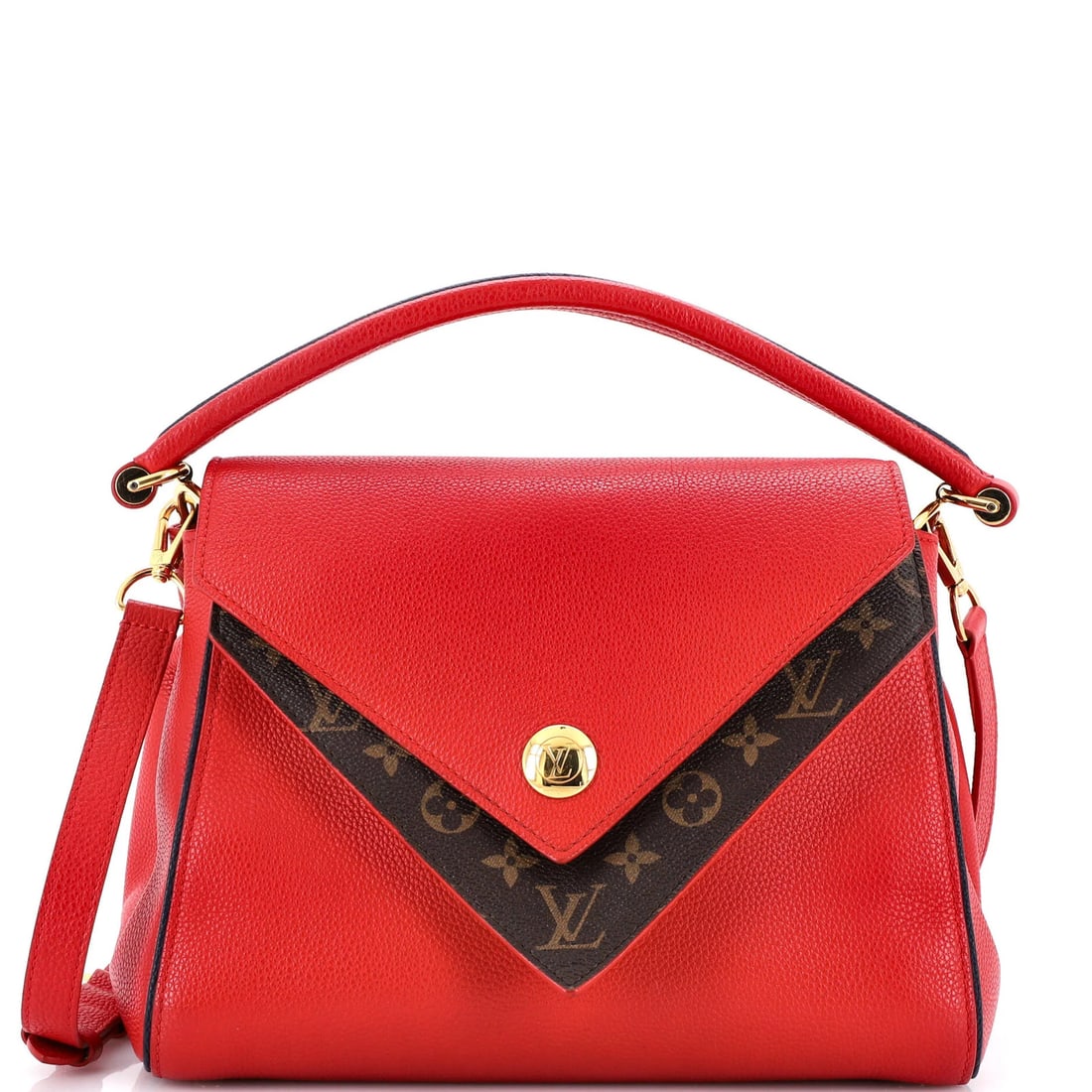Double V Handbag Calfskin Louis Vuitton Monogram: Double V Handbag Calfskin Louis Vuitton Monogram This stunning Louis Vuitton Double V Handbag features a striking red exterior with canvas coated leather and gold hardware. The interior boasts a