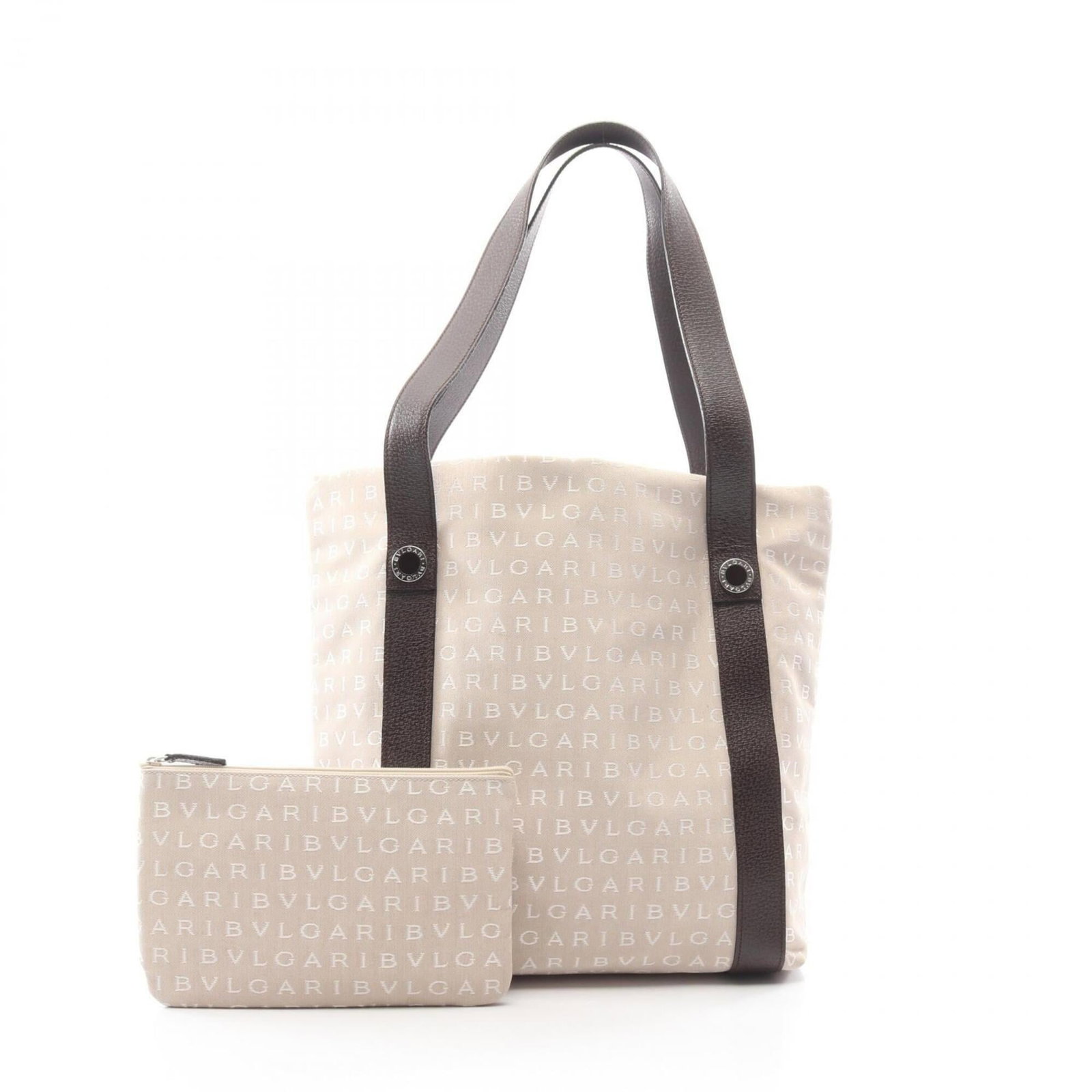 Canvas Leather Handbag Tote Bag Bvlgari: Canvas Leather Handbag Tote Bag Bvlgari Canvas and leather come together in this elegant Bvlgari tote bag, featuring a classic beige and brown color combination. The spacious interior and sturdy desig