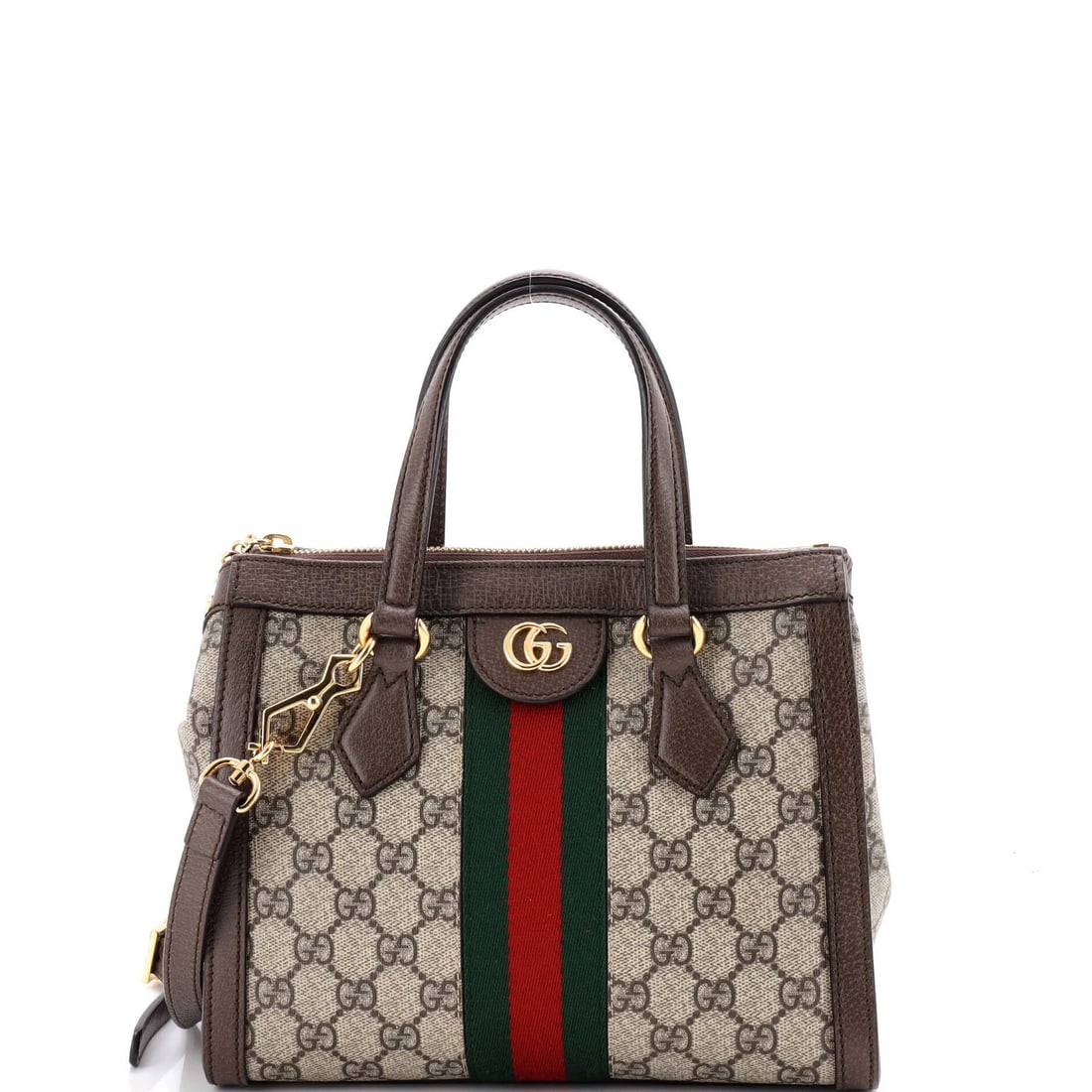 Gucci Ophidia Top Handle Tote GG Coated Canvas Small: Gucci Ophidia Top Handle Tote GG Coated Canvas Small Small Gucci Ophidia Top Handle Tote in Brown GG Coated Canvas, featuring a classic design with a gold-tone strap and neutral interior. Measuring