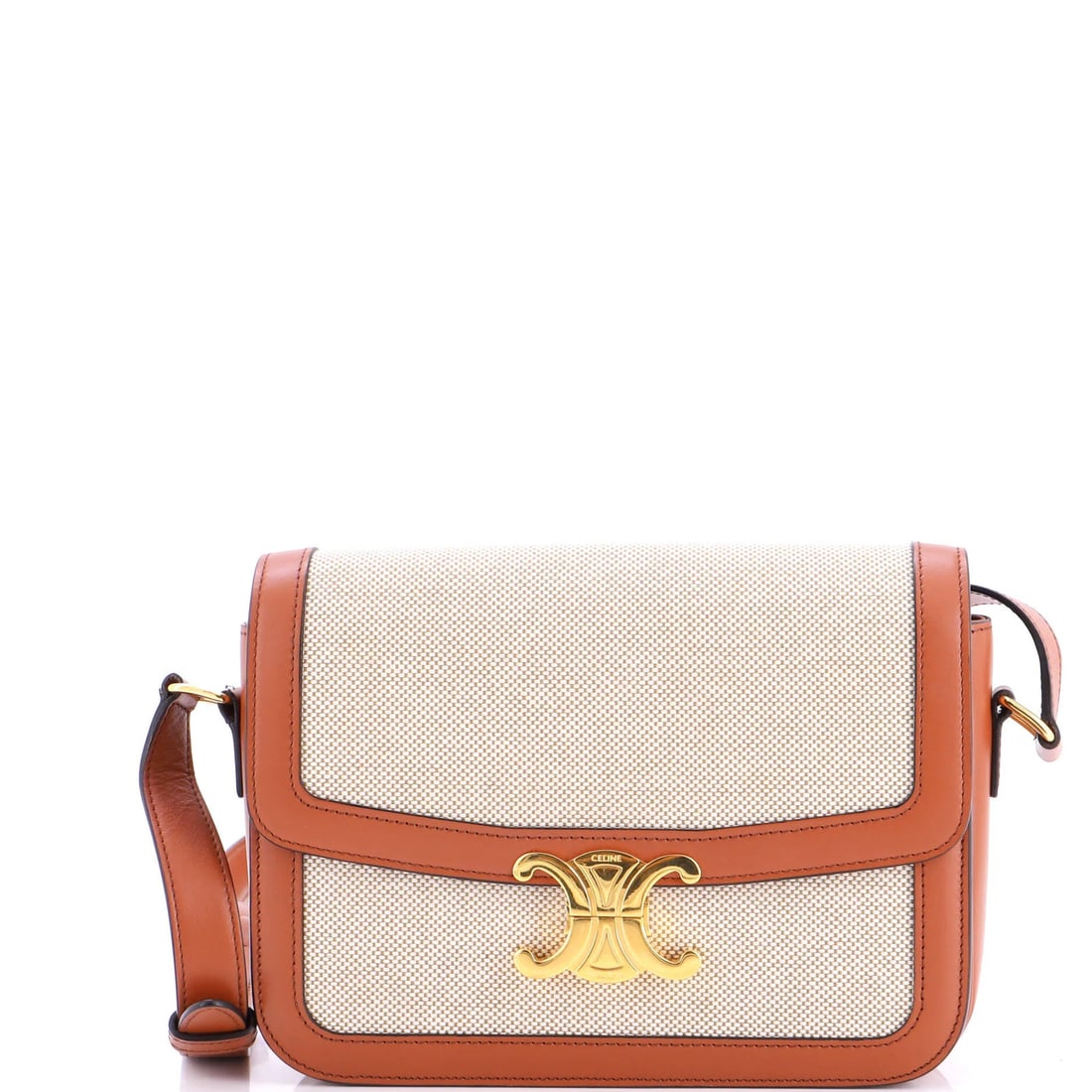 Shoulder bag canvas leather medium Celine triomphe: Shoulder bag canvas leather medium Celine triomphe Brown Celine Triomphe shoulder bag with canvas and leather exterior, featuring a classic cross body design. Measuring 6" tall, 8.5" wide, and 3" deep