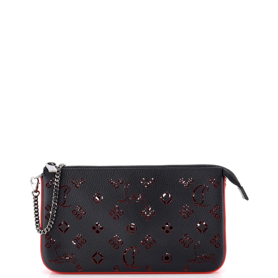 Christian Louboutin Loubila Chain Clutch Leather Perforated: Christian Louboutin Loubila Chain Clutch Leather Perforated Black leather perforated clutch with red interior and gun metal hardware, featuring the iconic Loubila Chain design. This shoulder bag