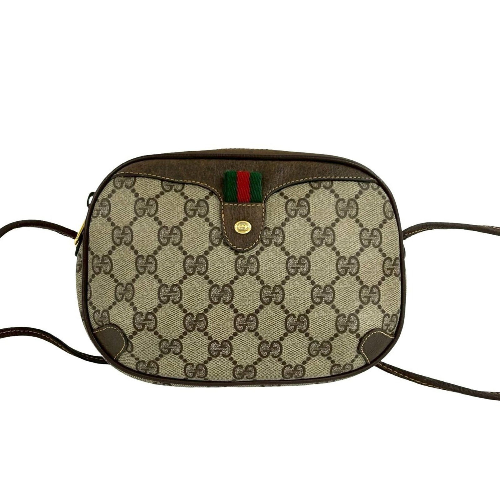 Pochette Shoulder Leather Gucci Bag: Pochette Shoulder Leather Gucci Bag Pochette shoulder bag from Gucci, featuring PVC and leather materials in various colors including brown, green, and red. This stylish bag measures 15cm x 20cm x 4cm