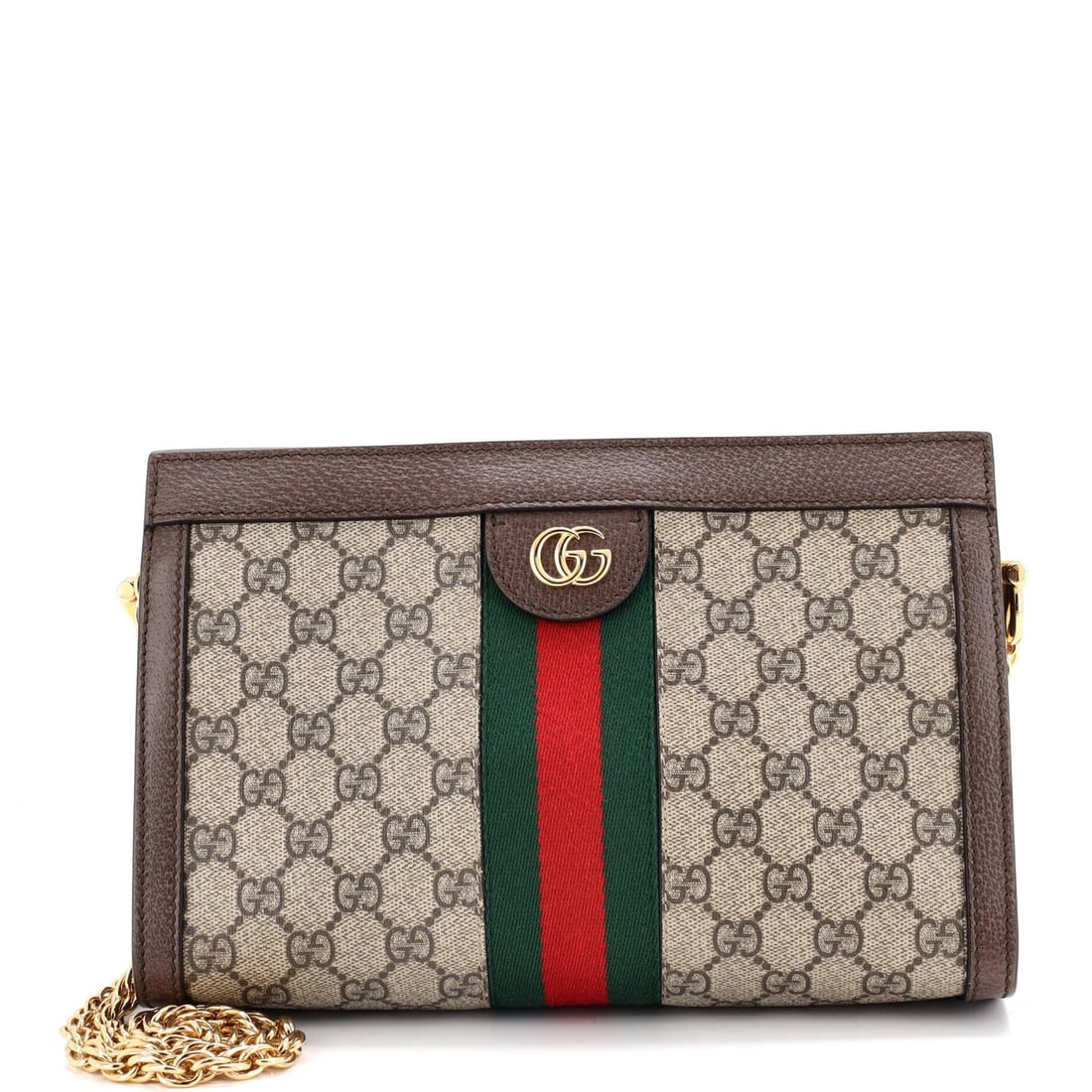 Ophidia Chain Shoulder Bag Gucci GG Small Coated Canvas: Ophidia Chain Shoulder Bag Gucci GG Small Coated Canvas Brown Gucci GG Small Coated Canvas Cross Body Bag with Satin Blue Interior and Gold Hardware, featuring minor scuffs, creases, and edge wear on