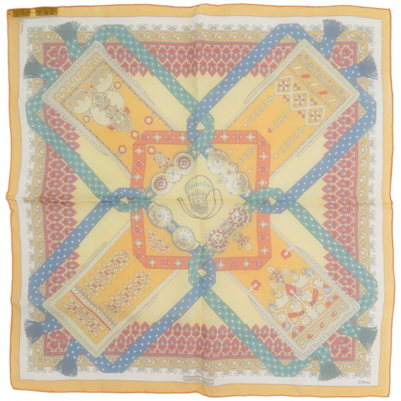 Hermes Silk Scarf: Hermes Silk Scarf Silk scarf from renowned French brand Hermes, featuring a vibrant multi-color design with prominent yellow accents. Made from high-quality silk material, this accessory showcases