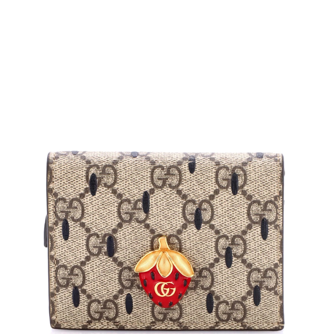 Gucci Strawberry Flap Card Case Printed GG Coated Canvas: Gucci Strawberry Flap Card Case Printed GG Coated Canvas Gucci's Strawberry Flap Card Case boasts a striking printed design on its canvas-coated exterior, featuring the iconic GG logo. The case