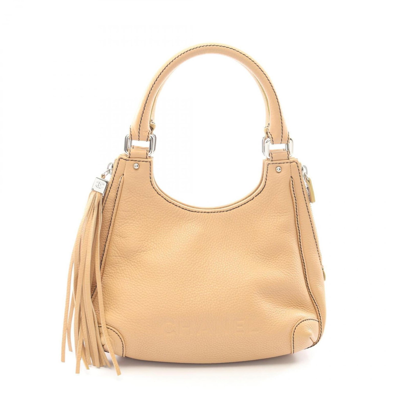 Calfskin Handbag by Chanel: Calfskin Handbag by Chanel Grained Calfskin Handbag by Chanel boasts a timeless design with its classic shape and elegant beige color. Made from high-quality materials, the silver hardware adds a