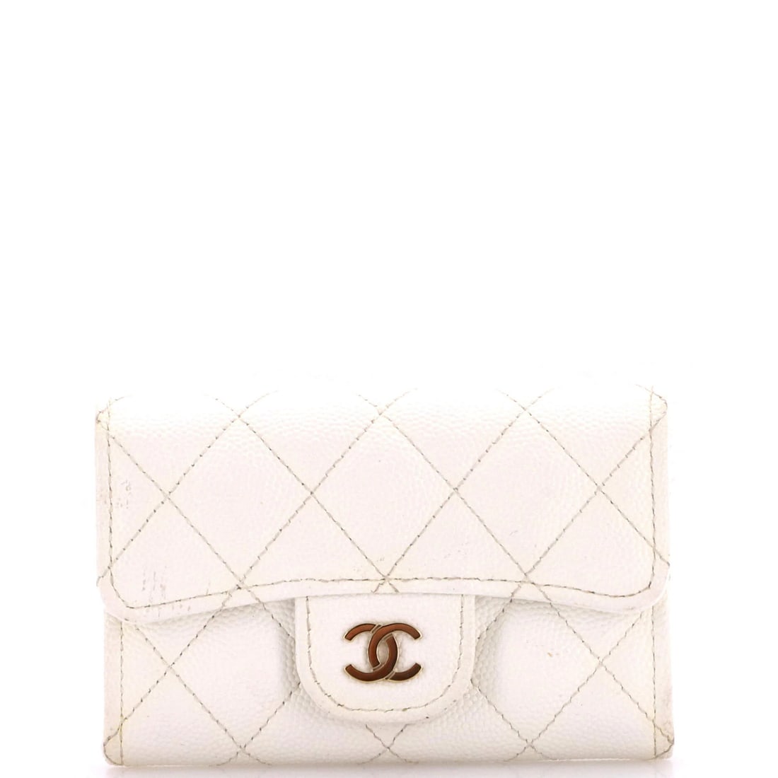 Caviar quilted card case flap classic Chanel: Caviar quilted card case flap classic Chanel White quilted caviar leather Classic Flap Card Case from Chanel, with gold tone hardware and moderate wear on the exterior. The interior features white
