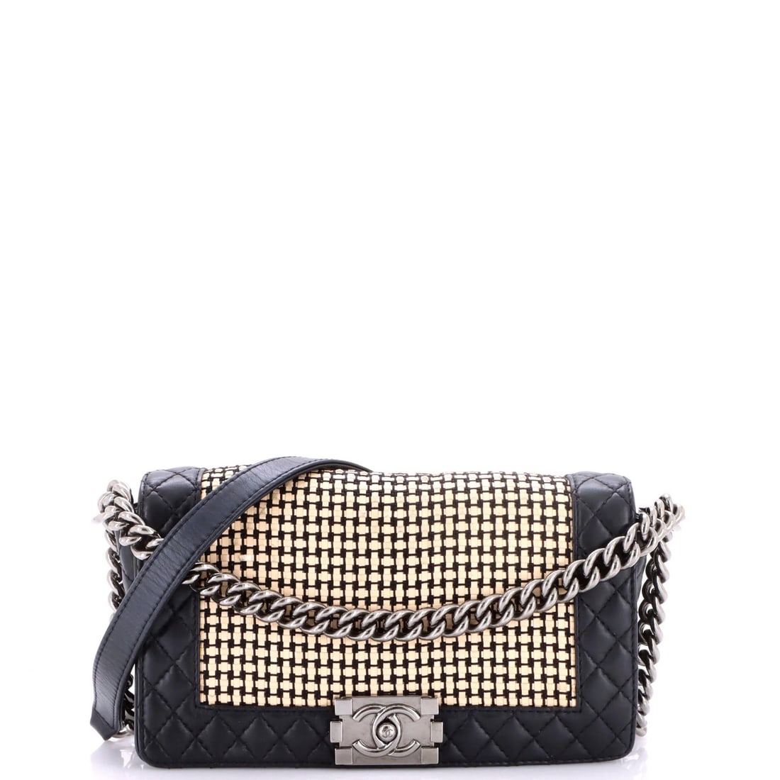 Chanel Reverso Boy Flap Bag Woven Calfskin Old Medium: Chanel Reverso Boy Flap Bag Woven Calfskin Old Medium The Chanel Reverso Boy Flap Bag Woven Calfskin Old Medium boasts a timeless design with its classic black exterior and gold interior. With its