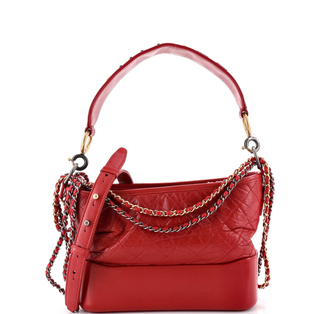 Calfskin Quilted Medium Aged Chanel Hobo Logo: Calfskin Quilted Medium Aged Chanel Hobo Logo Calfskin Quilted Medium Aged Chanel Hobo Logo features a rich red exterior with quilted details, adorned with the iconic Gabrielle Hobo logo. The medium-s
