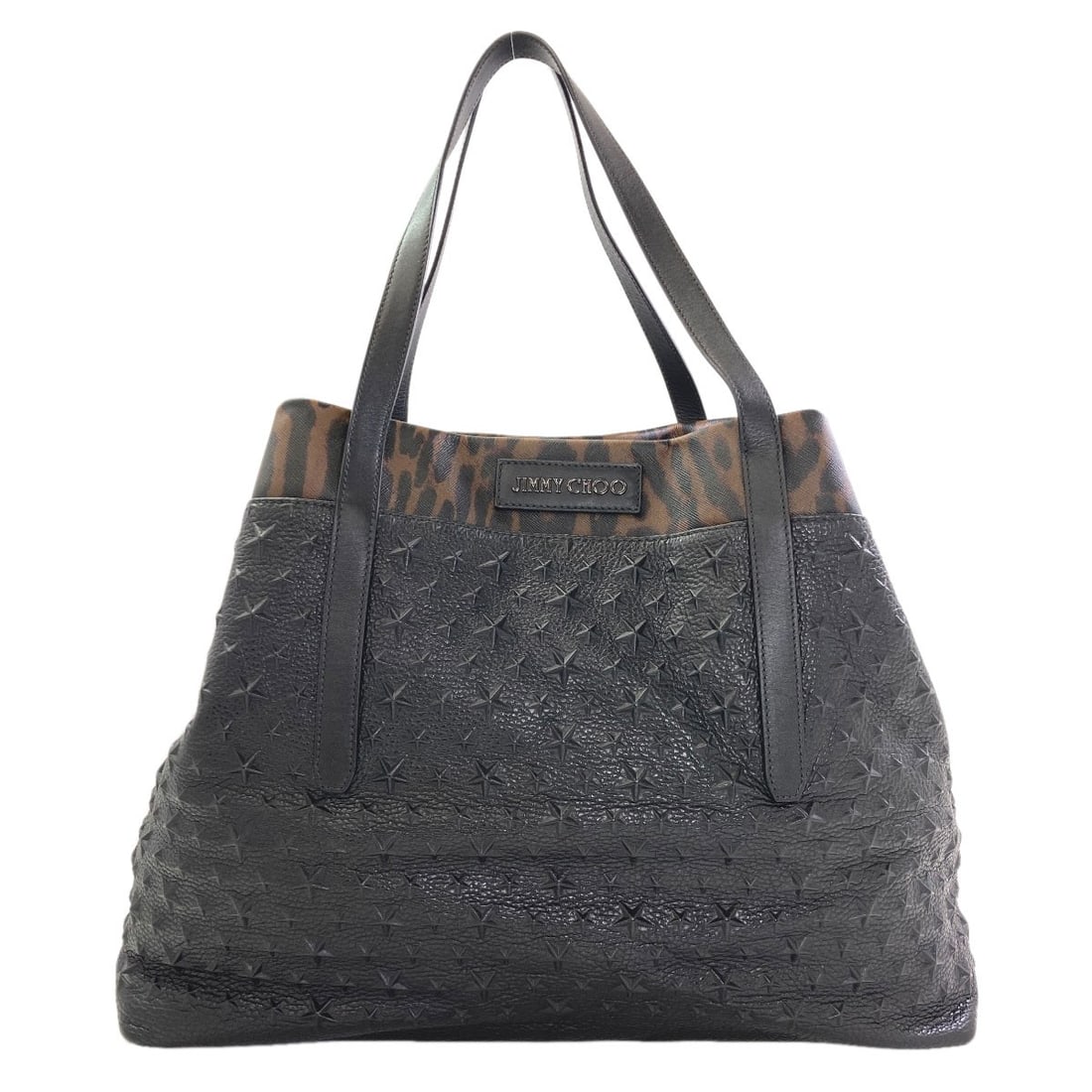 Jimmy Choo Leopard Pattern Embossed Tote Bag Leather: Jimmy Choo Leopard Pattern Embossed Tote Bag Leather Jimmy Choo's iconic leopard pattern embossing adds a touch of sophistication to this black leather tote bag, crafted from high-quality materials