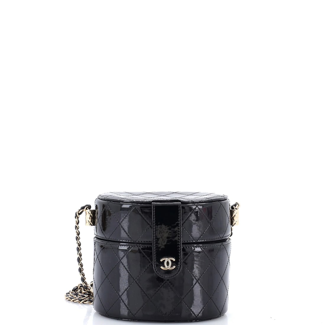 Chanel CC Allure with Chain Quilted Patent Mini Case: Chanel CC Allure with Chain Quilted Patent Mini Case Patent leather exterior and chain quilted details add an edgy touch to the CC Allure mini case. This compact cross body bag features a sleek black