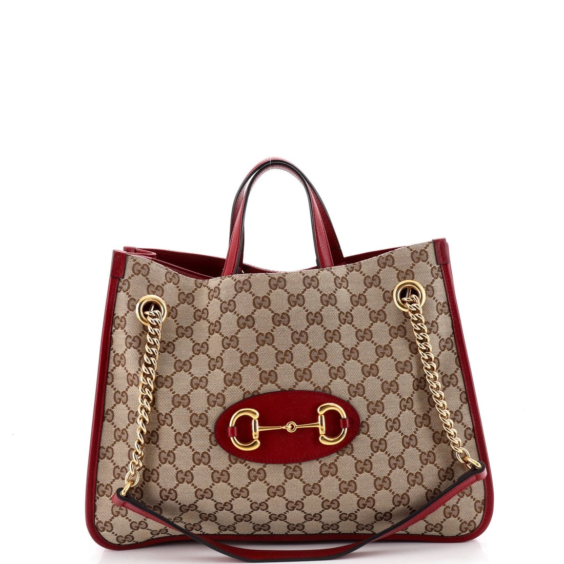 Medium leather canvas tote chain GG horsebit 1955 Gucci: Medium leather canvas tote chain GG horsebit 1955 Gucci Medium leather canvas tote chain GG horsebit 1955 Gucci features a classic design with a bold red exterior and gold hardware. The iconic