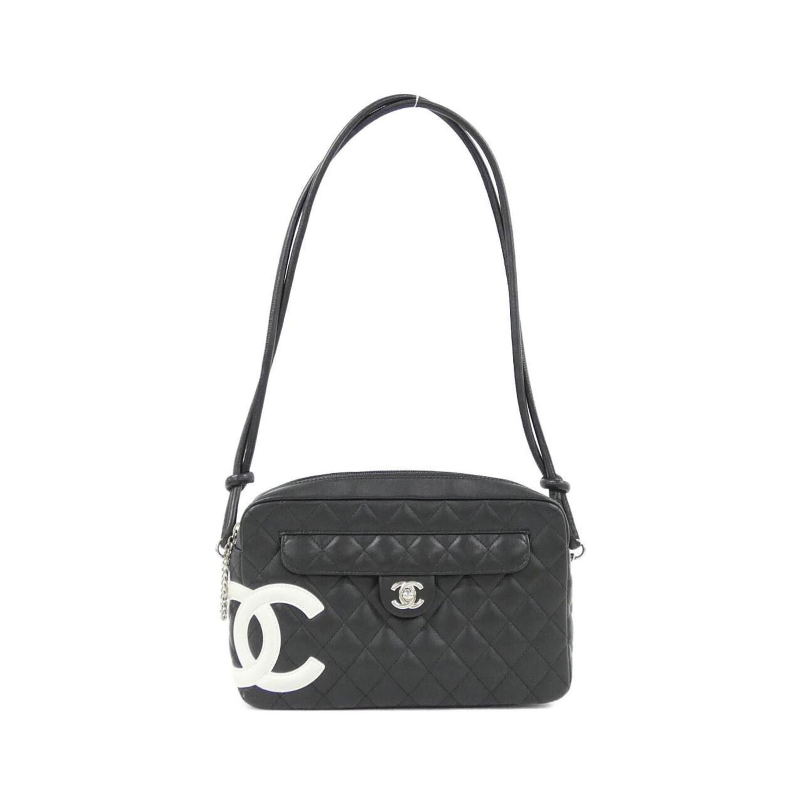 Shoulder Bag Leather Chanel: Shoulder Bag Leather Chanel This black leather shoulder bag from Chanel features calfskin material and silver hardware, making it a stylish and sophisticated accessory. Measuring 17cm x 27cm x 6cm,