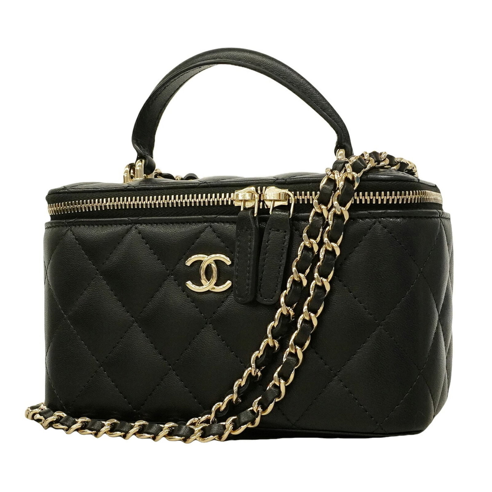 Leather Chanel Bag Vanity: Leather Chanel Bag Vanity Black lambskin leather Chanel bag vanity measures 10cm x 16.5cm x 8cm, offering a sleek and compact design. This luxurious item features high-quality materials, including gen