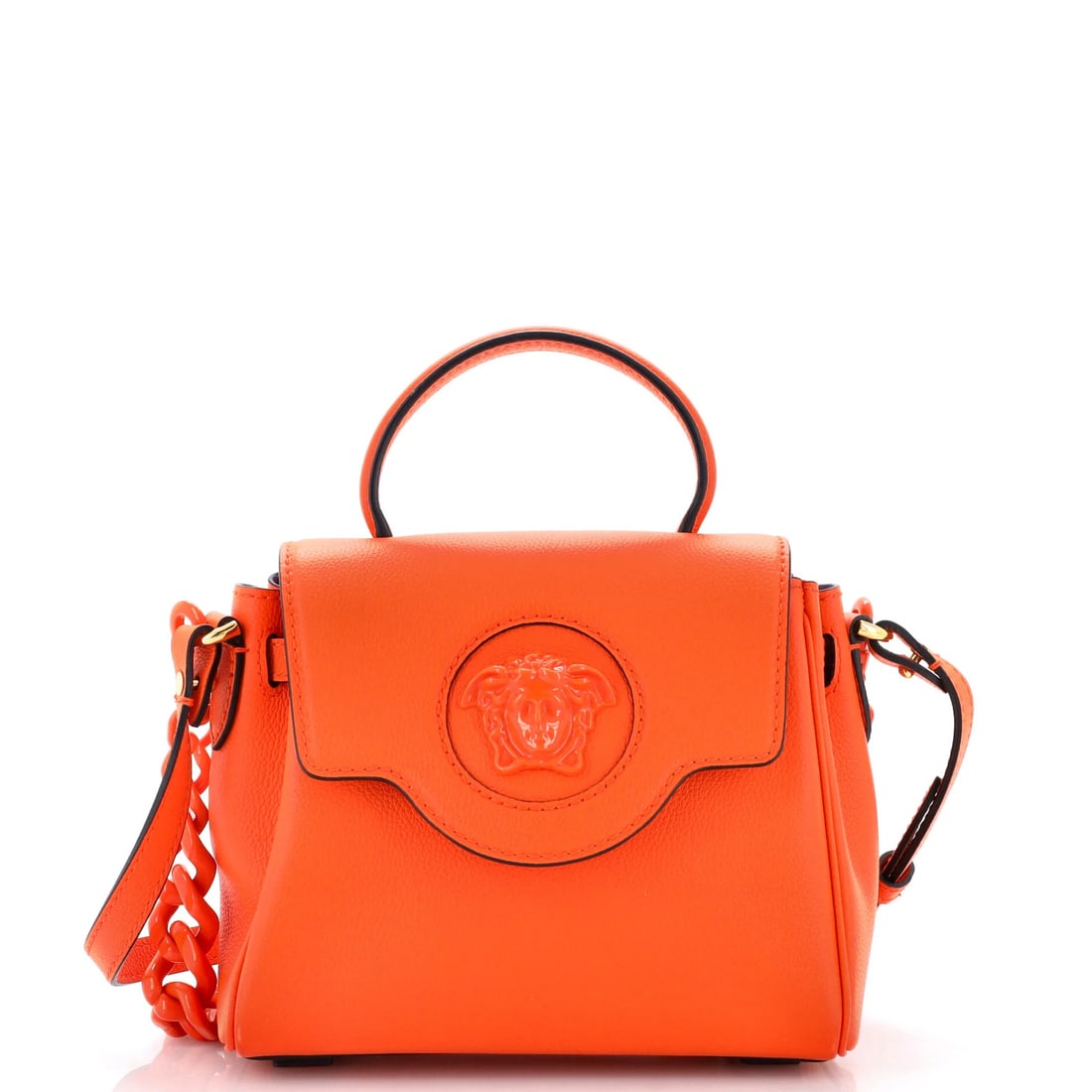 Versace La Medusa Top Handle Bag Leather Small: Versace La Medusa Top Handle Bag Leather Small Small Versace La Medusa Top Handle Bag in vibrant orange leather, featuring a classic top handle design and extra strap for added convenience. With its s