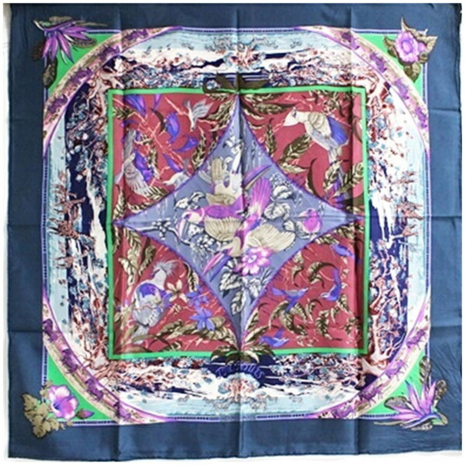 Hermes Silk Scarf: Hermes Silk Scarf Blue and Purple Silk Scarf by Hermes. Made from high-quality silk, this vibrant scarf showcases the iconic brand's signature style. With its striking colors and luxurious material, i