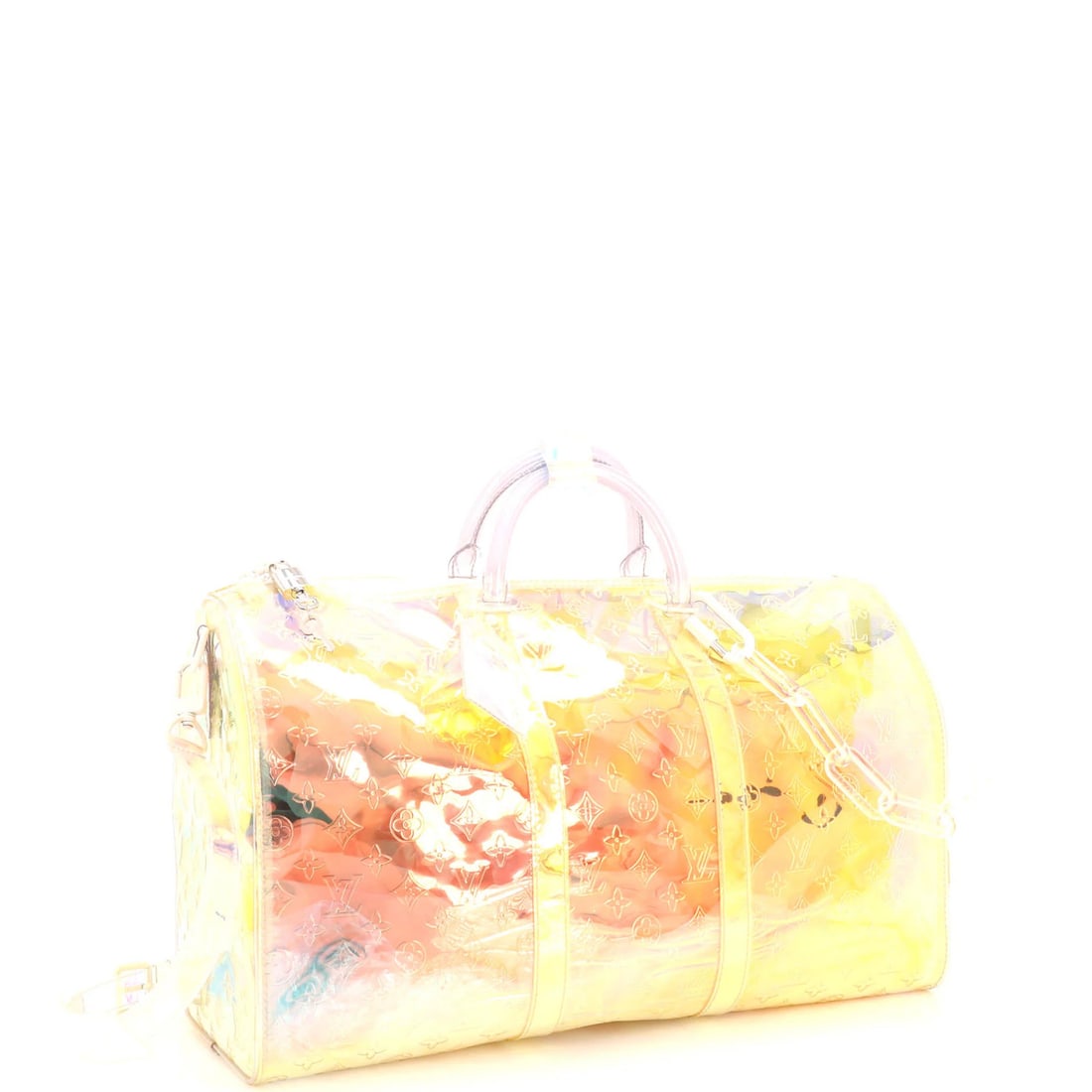 Louis Vuitton Keepall Bandouliere Bag Limited Edition Monogram Prism PVC 50: Louis Vuitton Keepall Bandouliere Bag Limited Edition Monogram Prism PVC 50 The Louis Vuitton Keepall Bandouliere Bag Limited Edition Monogram Prism PVC 50 boasts a striking clear exterior made from