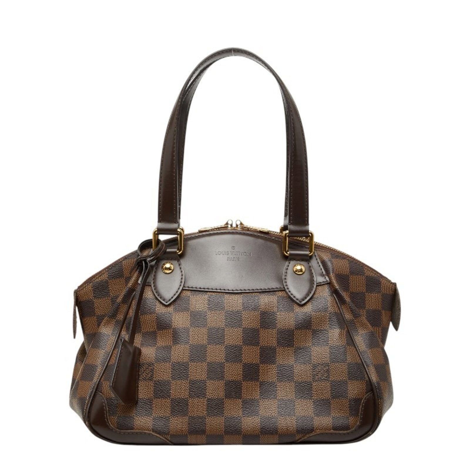 Vuitton Pvc Leather Handbag Louis: Vuitton Pvc Leather Handbag Louis Vuitton's iconic design meets modern style in this Louis handbag, featuring a striking brown PVC and leather combination. The bag's compact size and sleek shape make
