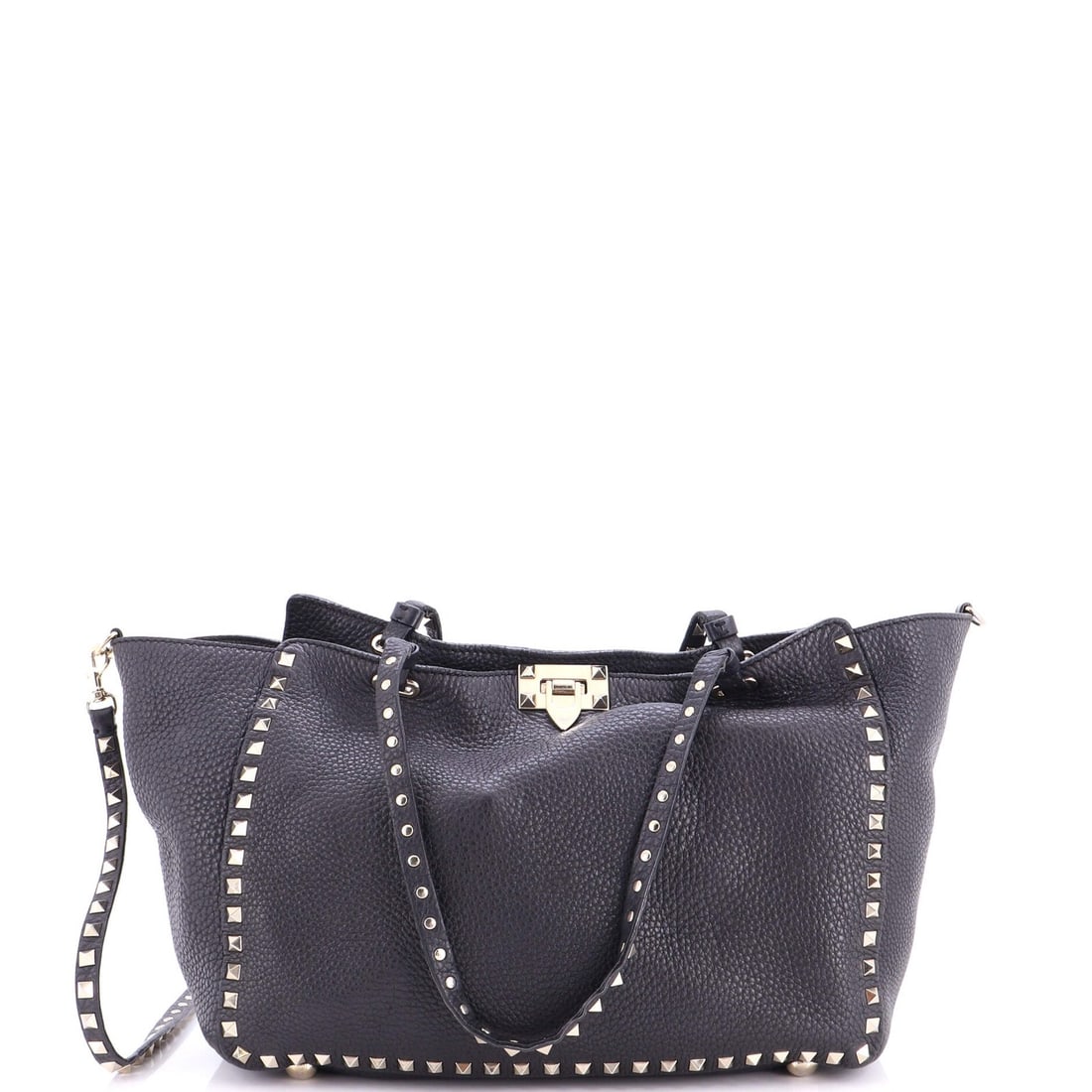Valentino Garavani Rockstud Tote Pebbled Leather Medium: Valentino Garavani Rockstud Tote Pebbled Leather Medium Black Pebbled Leather Valentino Garavani Rockstud Tote with Gold Tone Hardware, featuring a medium size and suede interior. The exterior shows