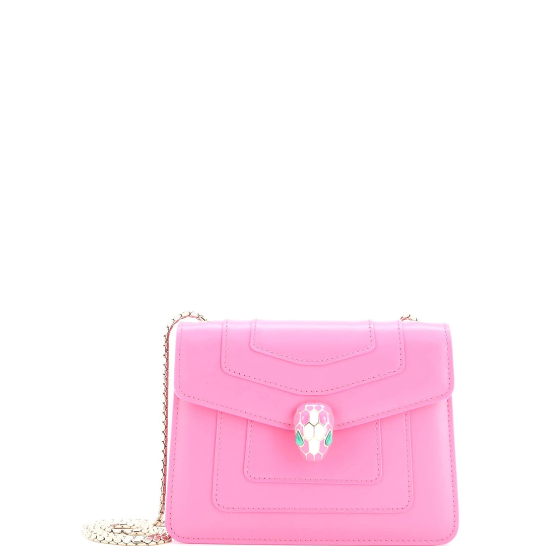 Serpenti Forever Square Leather Small Shoulder Bag: Serpenti Forever Square Leather Small Shoulder Bag The Serpenti Forever Square Leather Small Shoulder Bag boasts a vibrant pink exterior and elegant burgundy interior, adorned with gold-tone hardware.