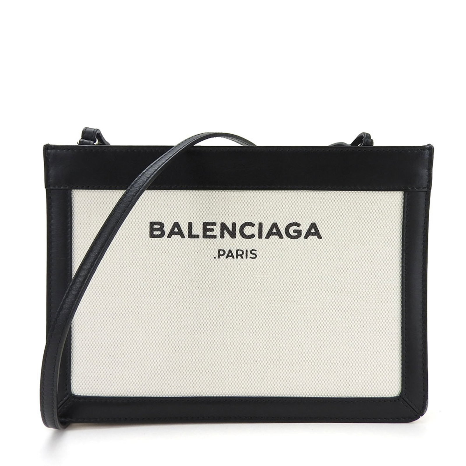 Canvas shoulder bag leather pochette by Balenciaga: Canvas shoulder bag leather pochette by Balenciaga Canvas shoulder bag leather pochette by Balenciaga, featuring canvas and leather construction in black and ivory colors. This pochette measures 16cm