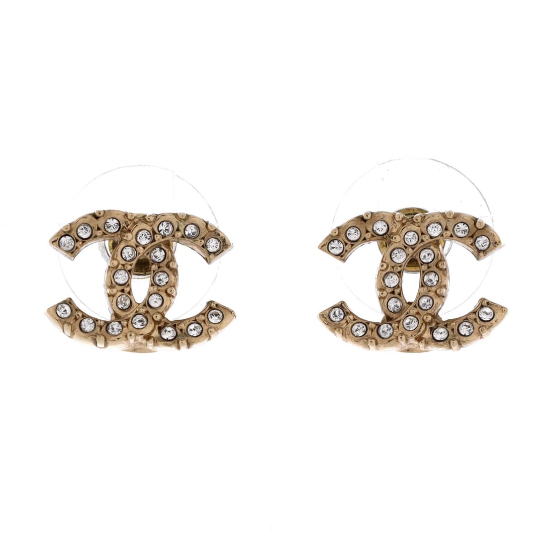 Metal Stud Earrings with Crystals from Chanel: Metal Stud Earrings with Crystals from Chanel Stud earrings with crystals from Chanel, featuring gold metal and intricate crystal details. The earrings showcase a classic CC stud design with subtle we