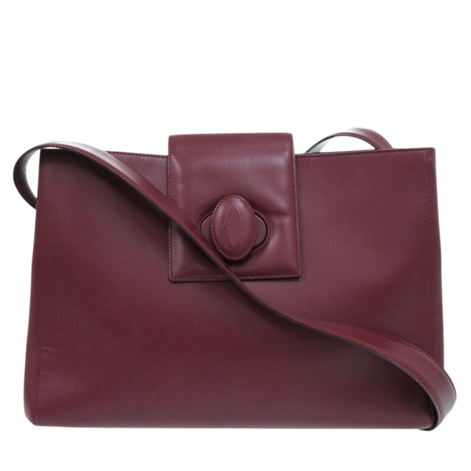 Shoulder Bag Leather by Cartier: Shoulder Bag Leather by Cartier Cartier's Bordeaux Red leather shoulder bag boasts a sleek, sophisticated design with clean lines and a classic shape. Measuring 21cm x 31cm x 12.5cm, it offers ample