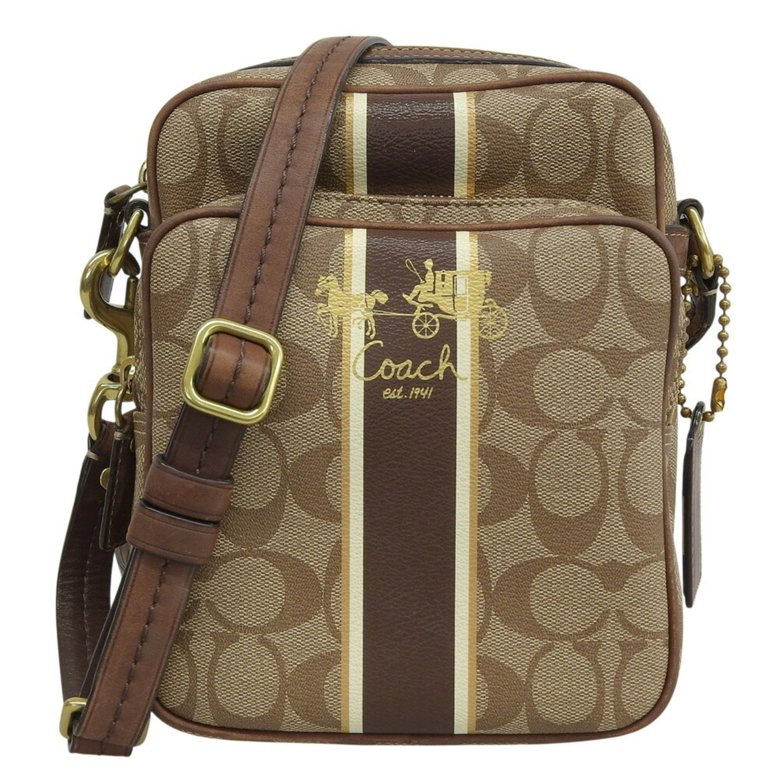 Shoulder Bag PVC: Shoulder Bag PVC This Coach shoulder bag features a unique PVC material and a classic brown color. With its compact size and sleek design, it's perfect for everyday use. The bag measures 20cm x