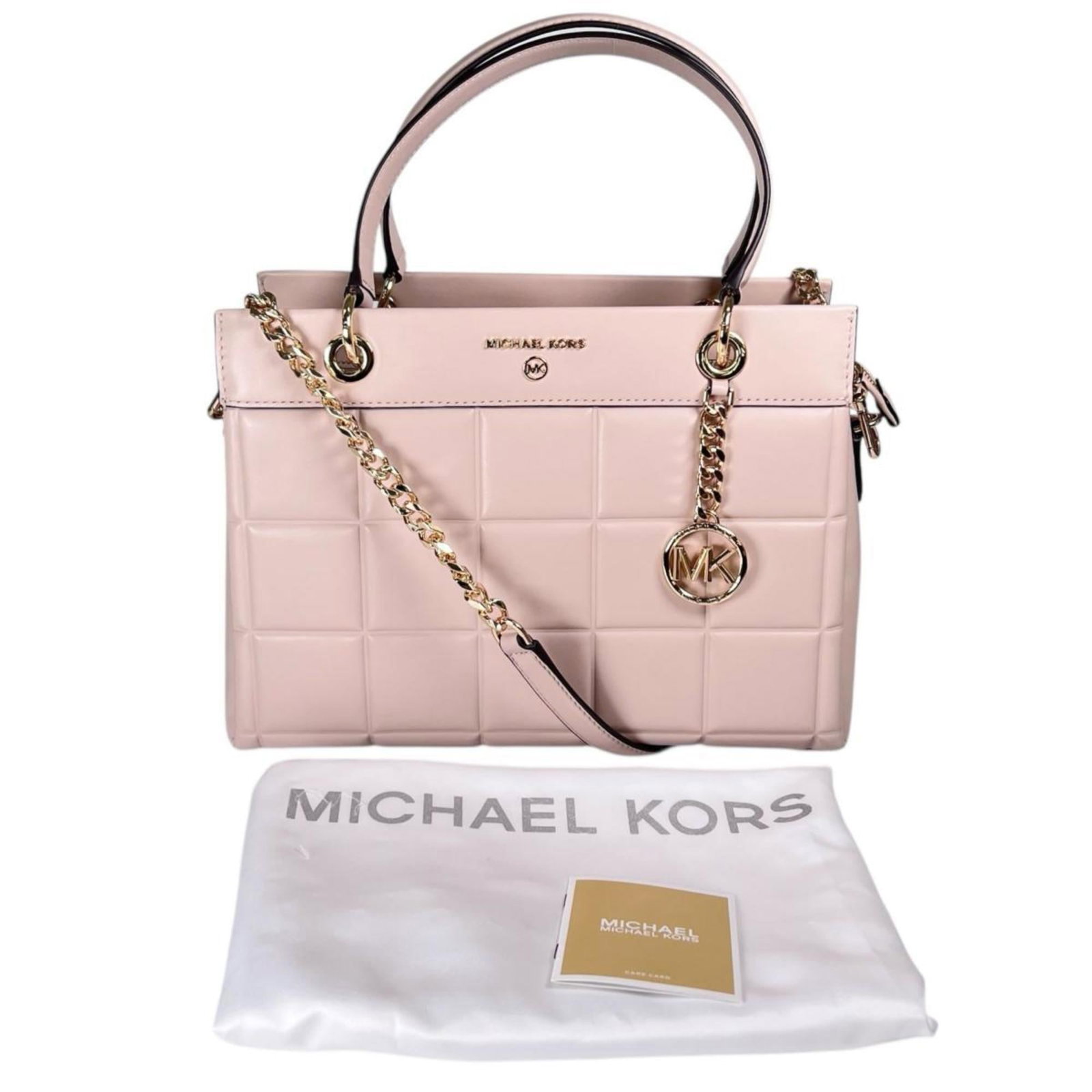 Kors Michael Handbag Leather Shoulder: Kors Michael Handbag Leather Shoulder Pink beige leather shoulder bag from Michael Kors, featuring a durable design with a size of 22cm x 31cm x 12cm. Comes with a dust bag and adjustable shoulder str
