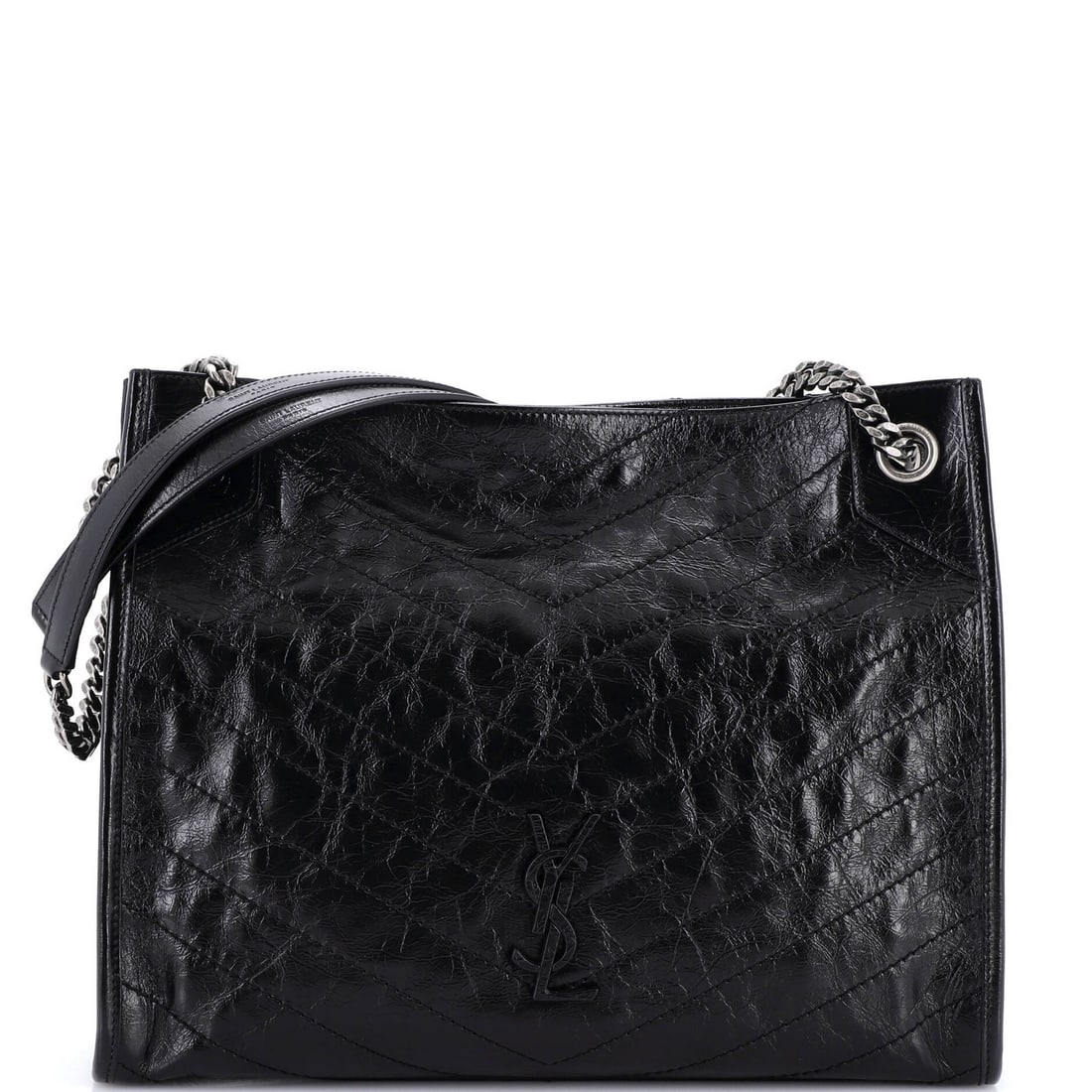 Saint Laurent Tote Leather Chevron Matelasse Medium: Saint Laurent Tote Leather Chevron Matelasse Medium The Saint Laurent Tote Leather Chevron Matelasse Medium boasts a sleek black exterior with subtle creases and minor scuffs, showcasing its