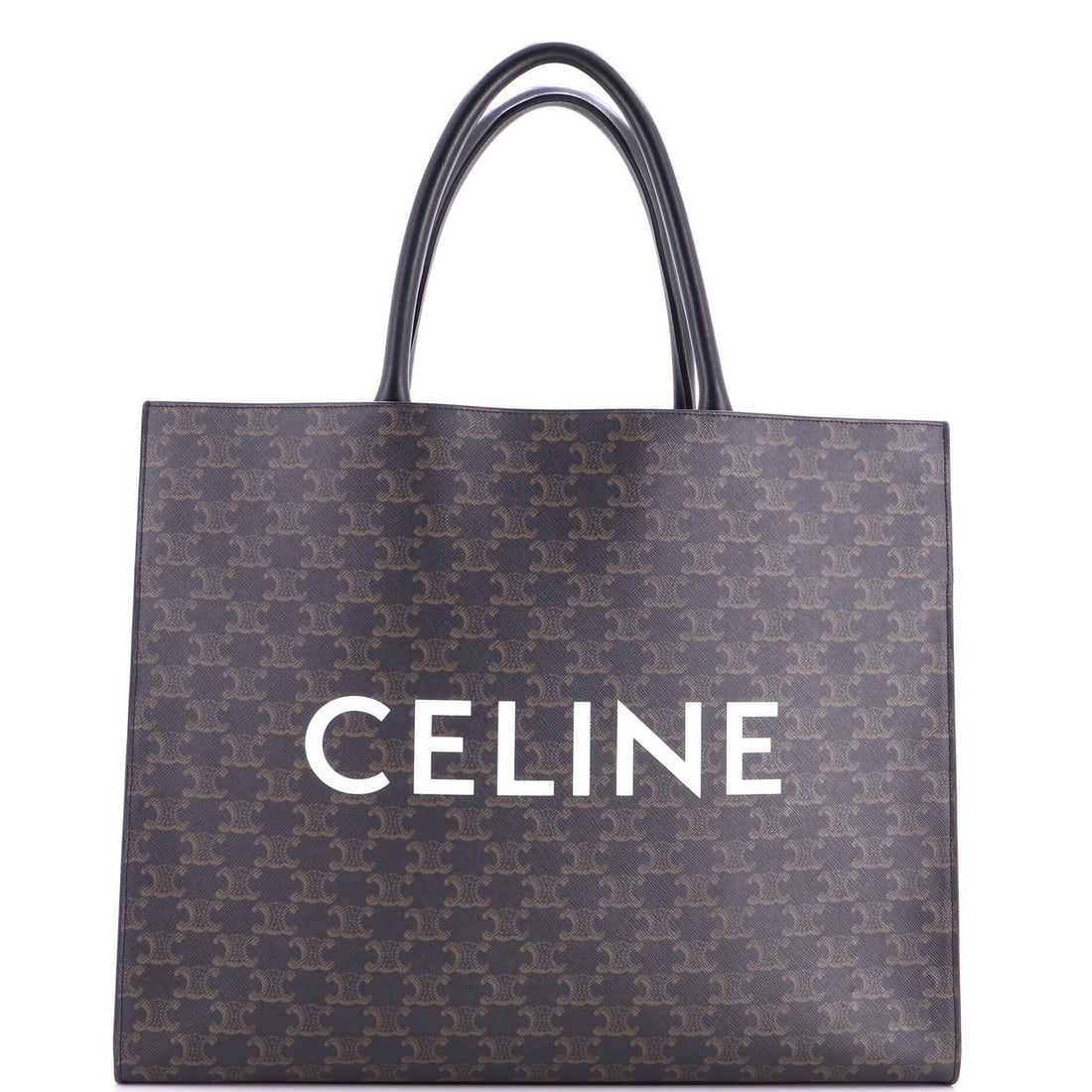 Coated Canvas Logo Triomphe Tote Cabas Horizontal: Coated Canvas Logo Triomphe Tote Cabas Horizontal Canvas Coated Triomphe Tote Cabas Horizontal in Brown. This Celine tote features a sturdy canvas exterior with horizontal logo detailing, measuring 13
