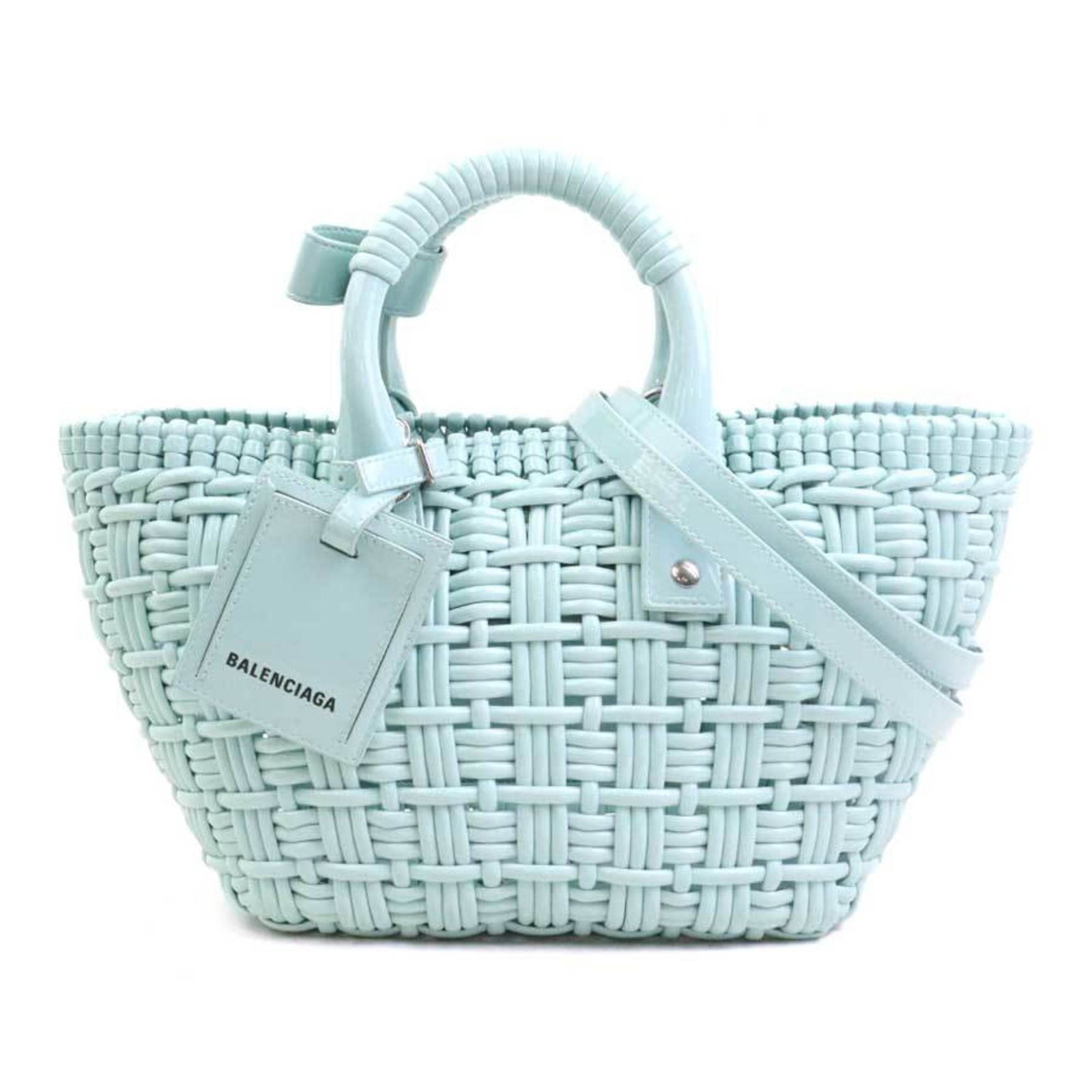 Elastane Polyester Bag Handbag Basket Shoulder Balenciaga: Elastane Polyester Bag Handbag Basket Shoulder Balenciaga Elastane and polyester blend creates a durable and versatile fabric for this Balenciaga basket handbag. The light blue color adds a touch of