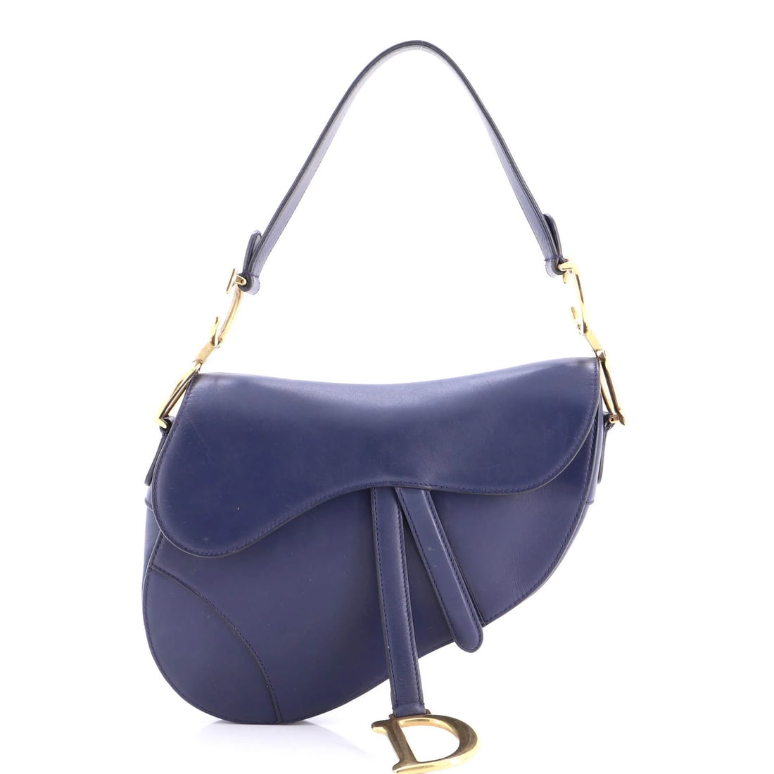 Christian Dior leather medium saddle handbag: Christian Dior leather medium saddle handbag The Christian Dior leather medium saddle handbag boasts a striking blue exterior with gold hardware, adding a touch of sophistication to any outfit.