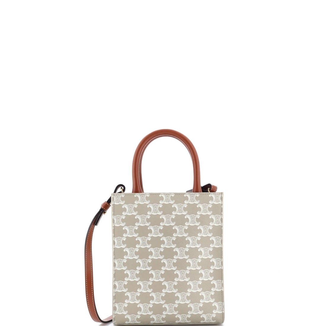 Cabas Tote Mini Coated Canvas Triomphe Vertical Celine: Cabas Tote Mini Coated Canvas Triomphe Vertical Celine The Celine Vertical Cabas Tote Mini Coated Canvas Triomphe features a neutral exterior with minor creases and scuffs, showcasing the canvas