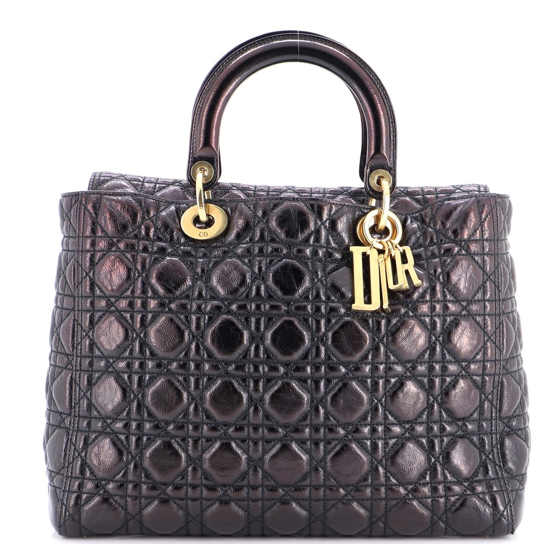 Supple Lady Dior Bag Cannage Patent Large Crinkled Christian: Supple Lady Dior Bag Cannage Patent Large Crinkled Christian Black leather exterior with crinkled patent finish, adorned with aged gold hardware, and featuring a large size with top handle. This Suppl