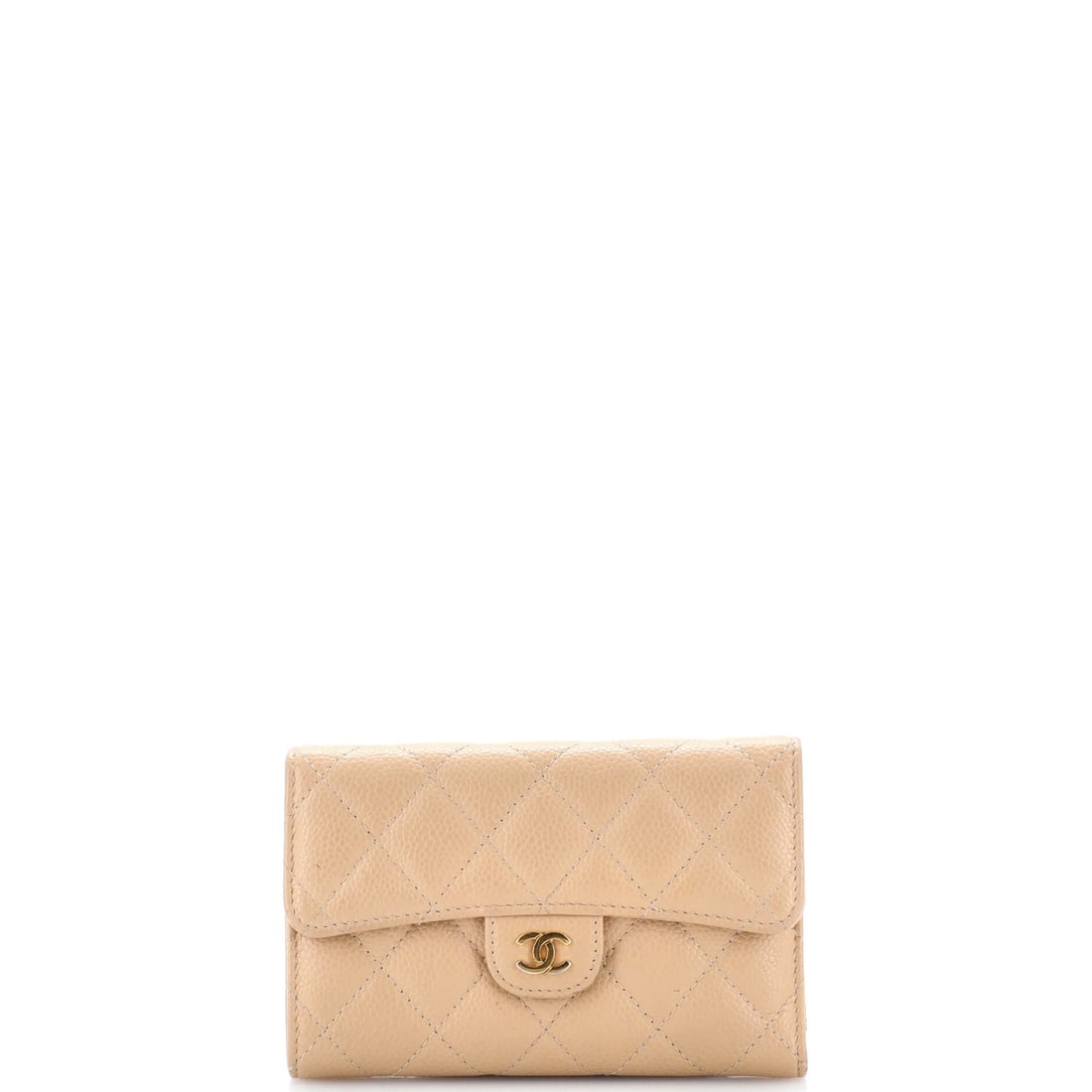 Quilted Classic Flap Gusset Medium Caviar Chanel Wallet: Quilted Classic Flap Gusset Medium Caviar Chanel Wallet Quilted Caviar Chanel Wallet in neutral leather, featuring a classic flap design with medium size and gold hardware. The quilted pattern adds a 