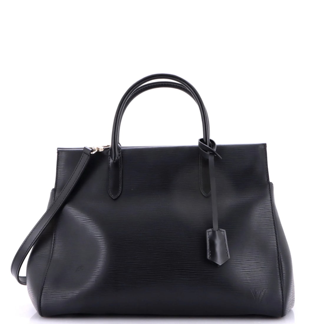 Louis Vuitton Marly Handbag Epi Leather MM: Louis Vuitton Marly Handbag Epi Leather MM The Louis Vuitton Marly Handbag Epi Leather MM boasts sleek black exterior with subtle scuffs and edge wear, adding a touch of worn elegance. This stylish sa