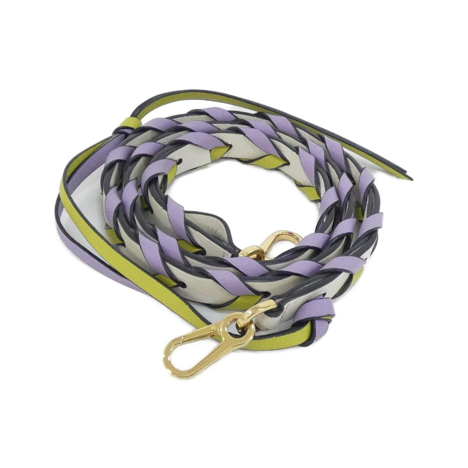 Loewe Strap Leather: Loewe Strap Leather Loewe Strap Leather features a unique combination of light purple, lime yellow, and white hues in its calfskin design. The strap measures 102cm x 1.5cm with a subtle width, making 
