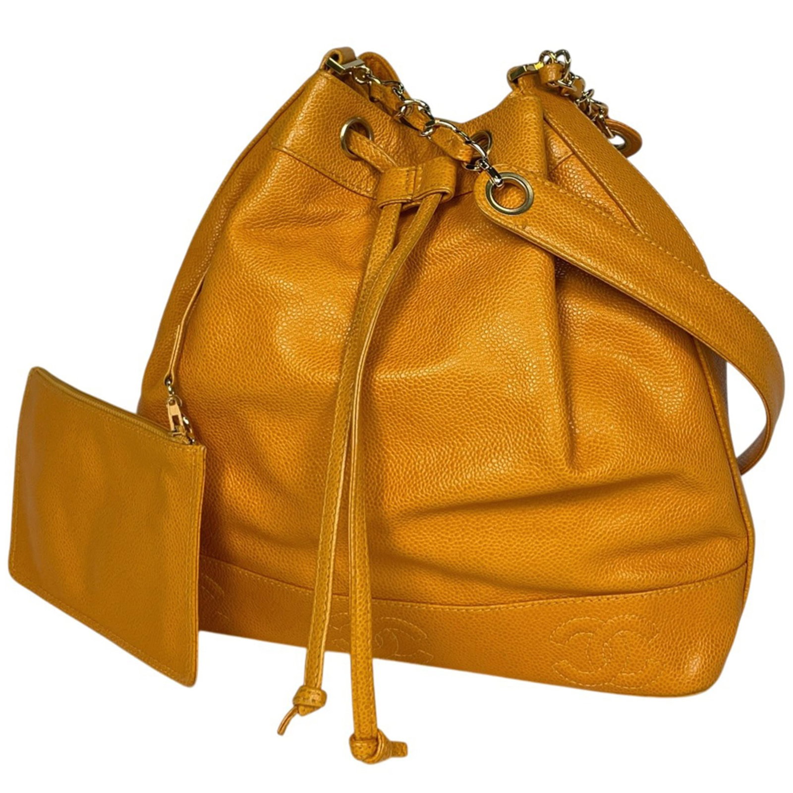Calfskin Grained Chanel Bag: Calfskin Grained Chanel Bag Calfskin Grained Chanel Bag - A stylish and timeless accessory, this bag features grained calfskin material with a classic yellow hue. Measuring 30cm x 30cm x 10cm, it's de